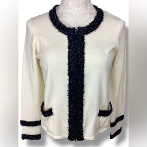 Belford White Black Trim Zip Up merino Wool Blend Cardigan Preppy work